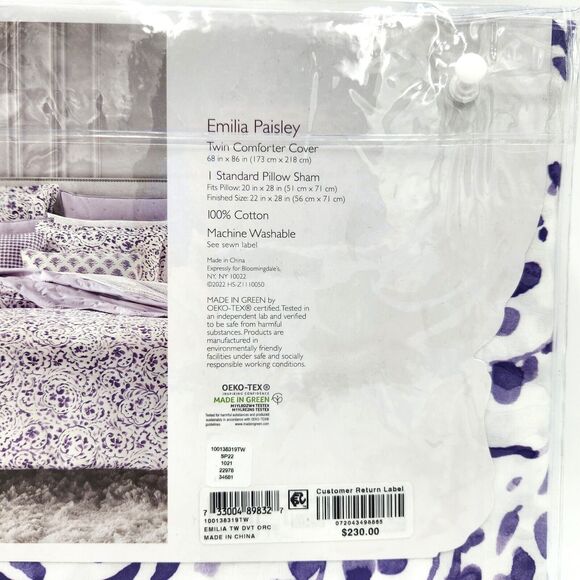 Sky Emilia White/Lilac 100% Cotton Paisley Boho Duvet/Pillow Sham Set Size Twin - Picture 6 of 6